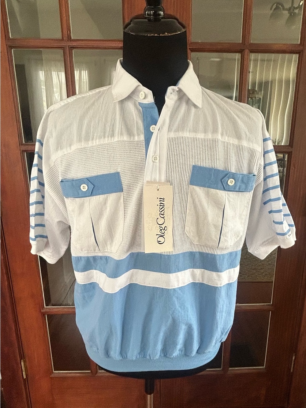 Vintage NOS Oleg Cassini Pullover Shirt Two Pocket Vertical Blue Stripes Mens M